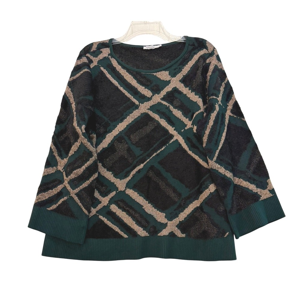 Chicos Geometric Abstract Metallic Knit Sweater Green Black Gold Size 3 / XL